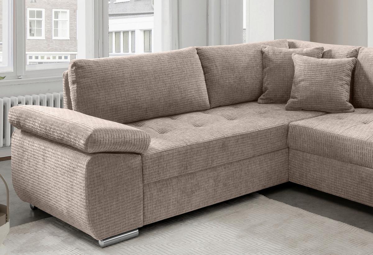 Wohnlandschaft Terana Beige mit Schlaffunktion, Mikrofaser - Chromfarben/Beige, KONVENTIONELL, Textil (219/305/157cm) - Livetastic