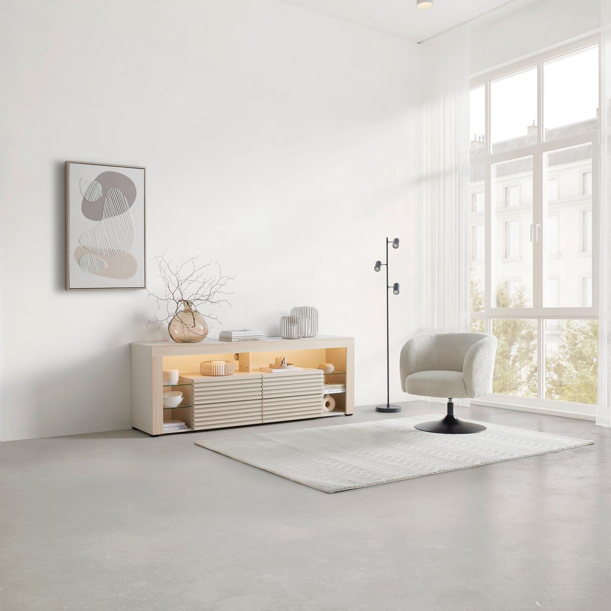 TV komoda GOAL dub Riva /Kašmír - barvy dubu/kašmírová, Moderní, kompozitní dřevo/sklo (179/67/44cm) - Based