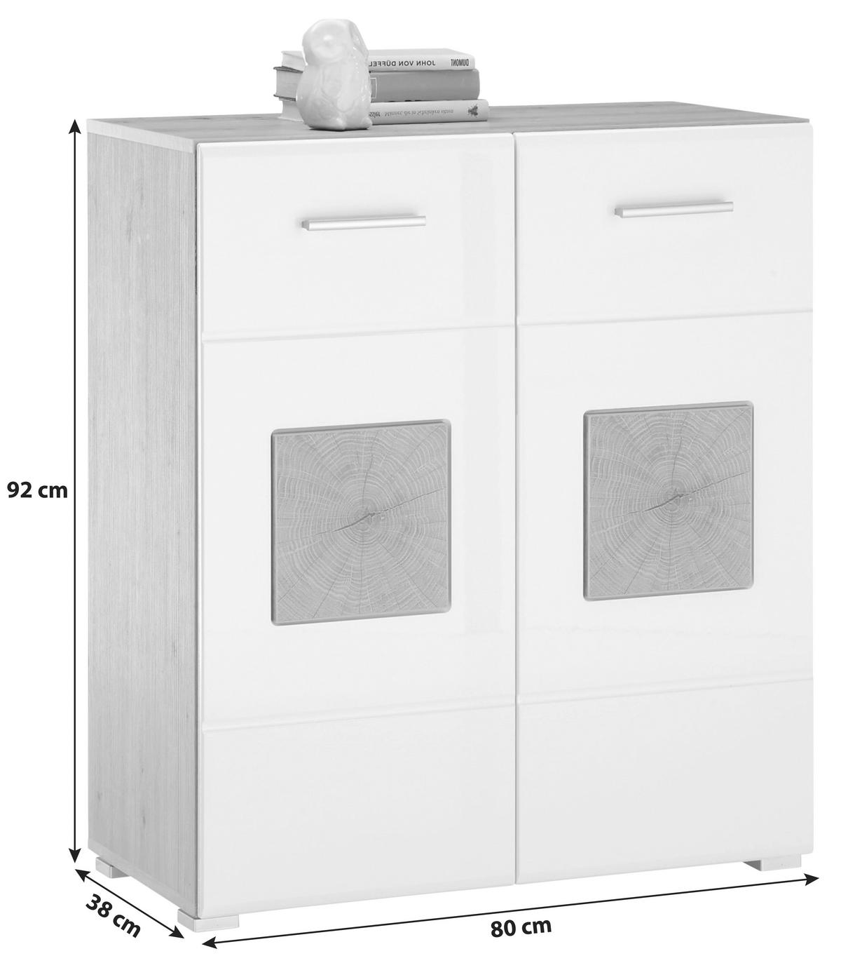 Kommode B: 80 cm Georgia Weiß/Eiche Dekor - Weiß Hochglanz/Silberfarben, MODERN, Holzwerkstoff (80/92/38cm)