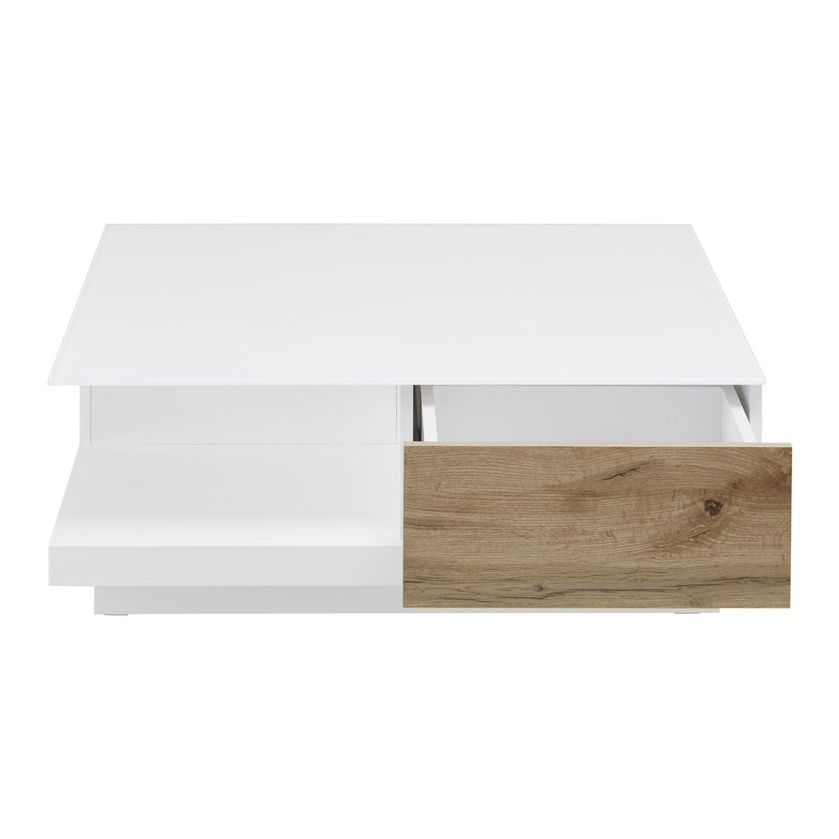 Konferenční stolek NEVIO bílá/dekor dub - bílá/barvy dubu, Moderní, sklo (85/85/30cm) - Bessagi Home