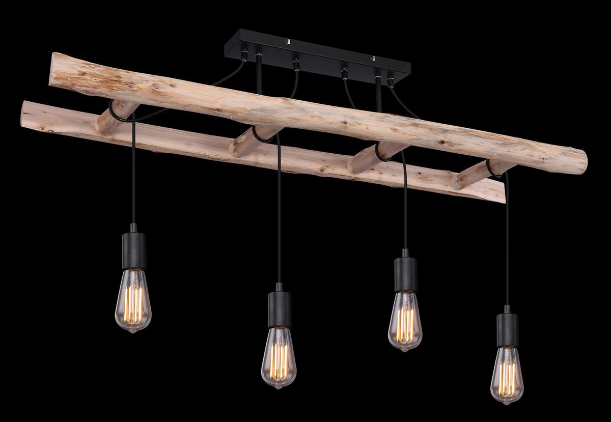 Deckenleuchte H: 80 cm 4-Flammig, Holzleiter - Schwarz/Naturfarben, Natur, Holz/Metall (115/30/80cm) - Globo