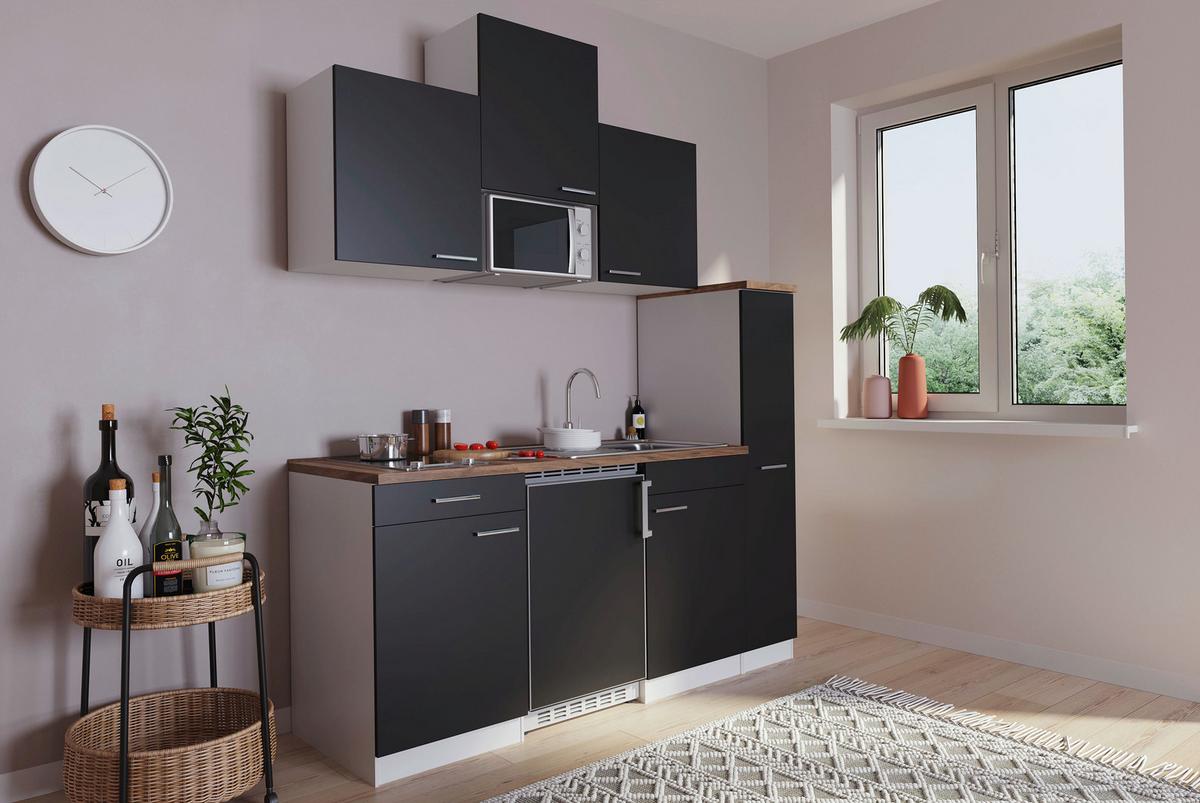 Küchenzeile Economy mit Geräten 180 cm Schwarz/Nussbaum Dekor - Nussbaumfarben/Schwarz, Basics, Holzwerkstoff (180cm) - Respekta