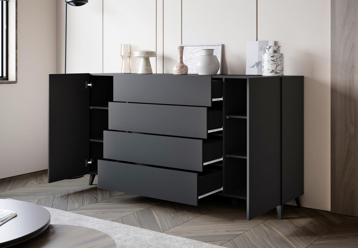 Sideboard Phuket schwarz B: 180cm - Schwarz, Design, Holzwerkstoff (180/95,4/39cm) - P & B