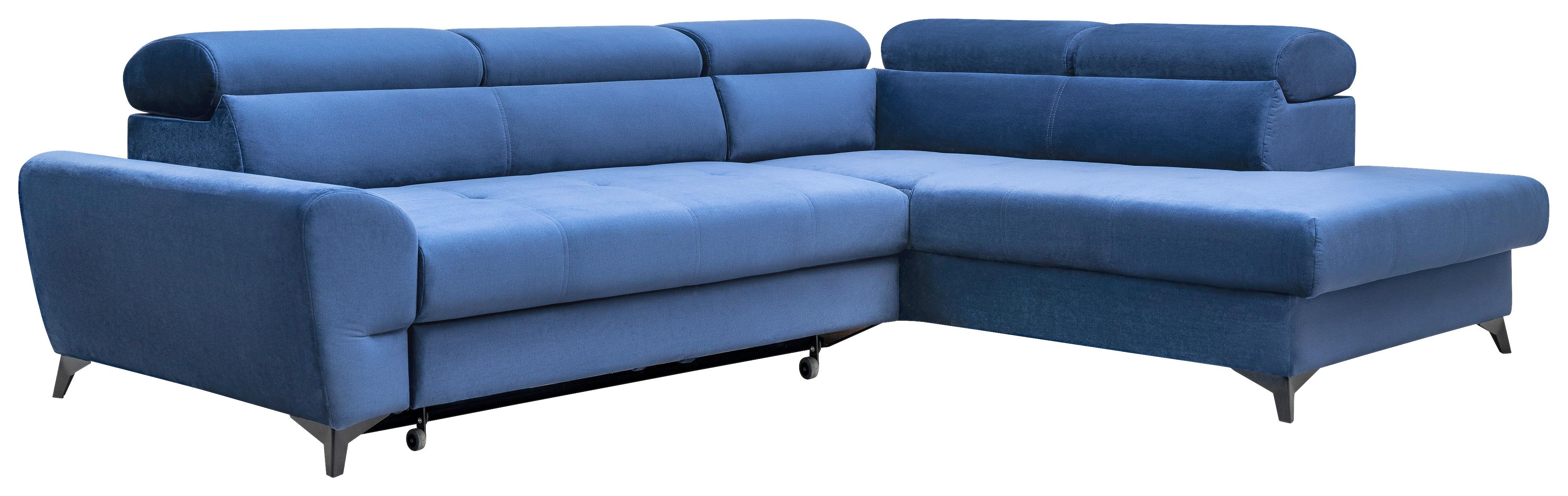 Ecksofa Mit Bettkasten Swan + Bettfunktion Blau Velours - Blau/Schwarz, MODERN, Textil (272/212cm) - MID.YOU