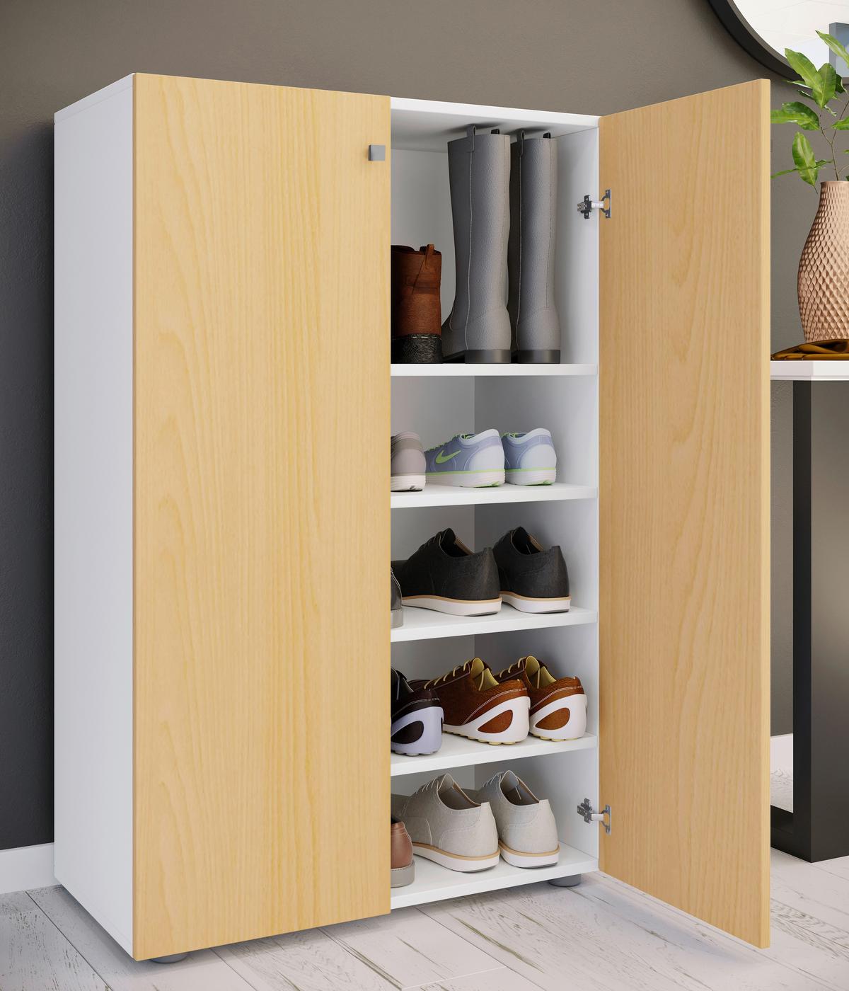 Schuhschrank Lona Weiß Buchefarben Dekor - Buchefarben/Schwarz, Design, Holzwerkstoff (70/110/39cm) - MID.YOU