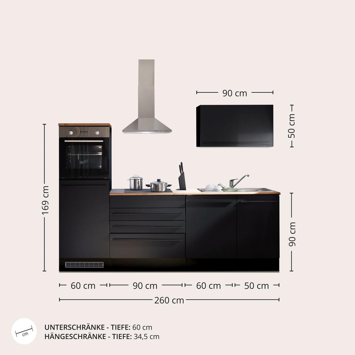 Küchenzeile Jazz 6 ohne Geräte 260 cm Schwarz - Eichefarben/Schwarz, KONVENTIONELL, Holzwerkstoff (260cm) - MID.YOU