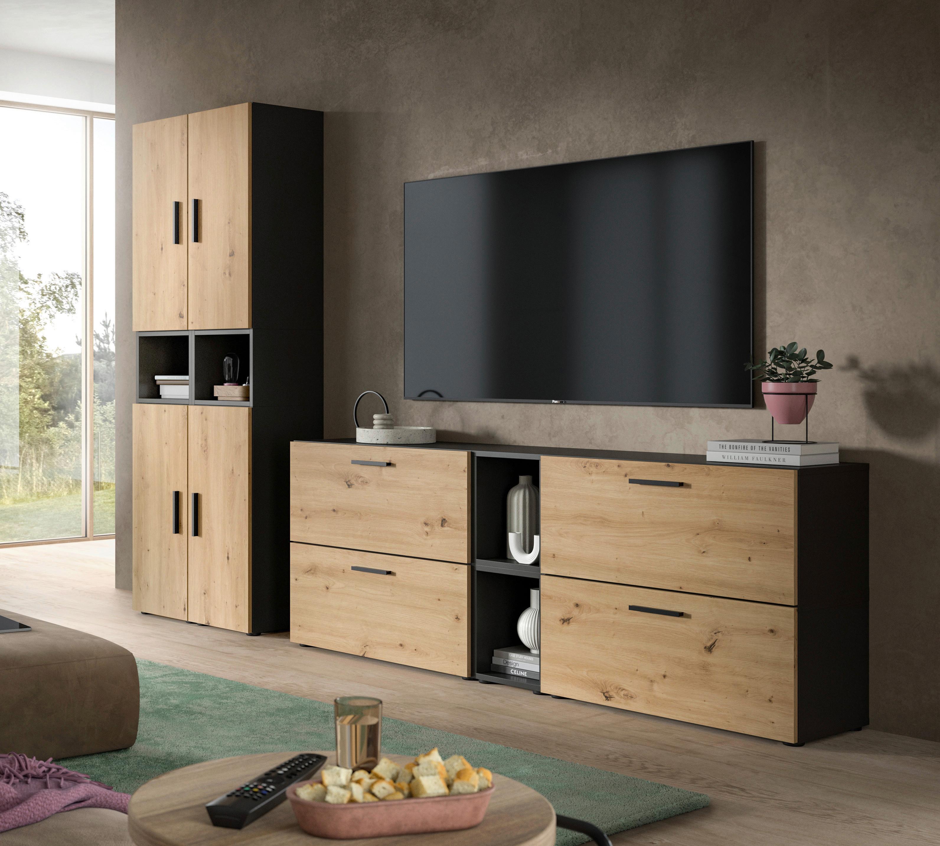 Wohnwand, The One 3, B: 300 cm Artisan Eiche Dekor/Grau - Schwarz/Eiche Artisan, Trend, Holzwerkstoff (260/182/34cm)