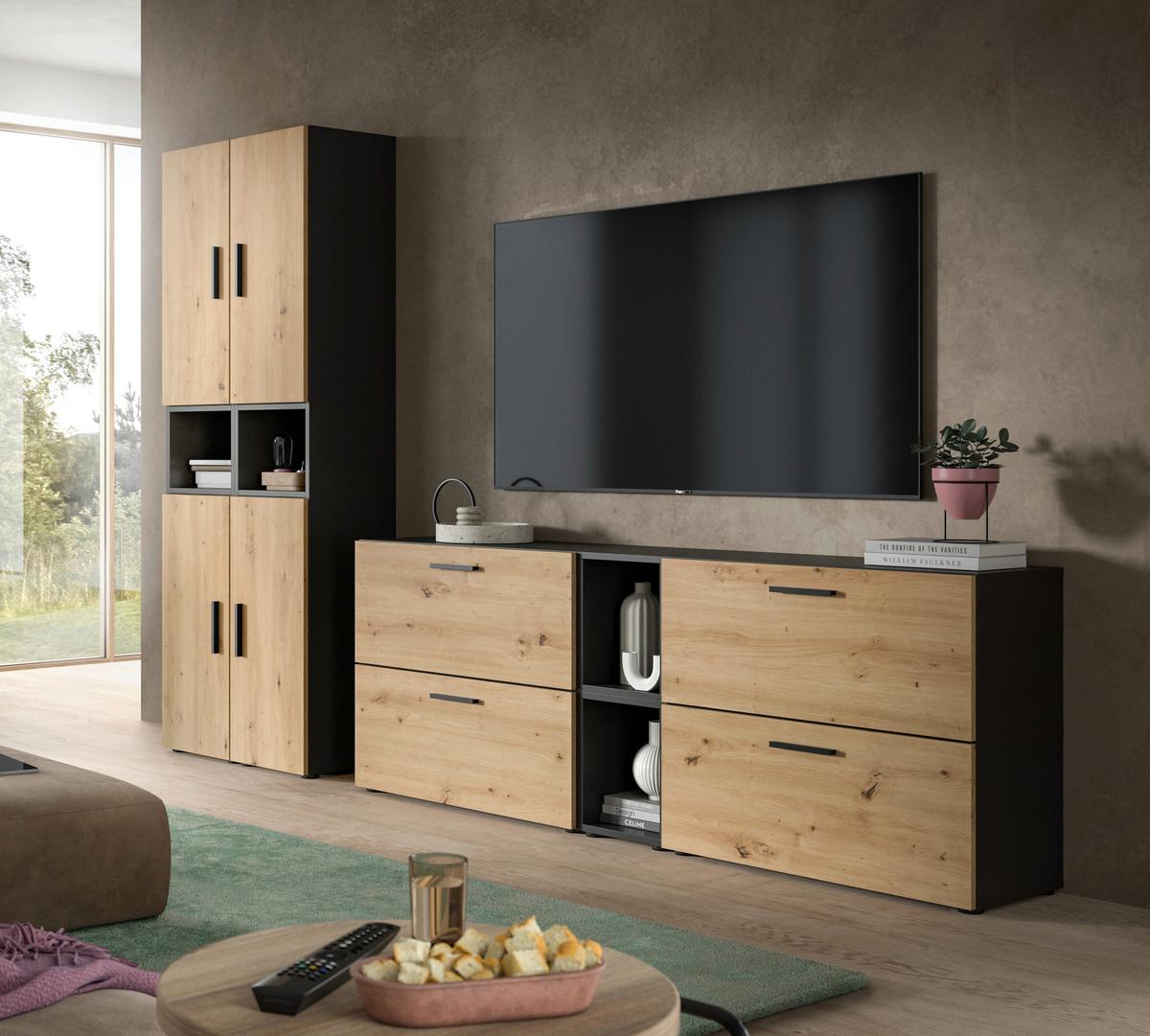Wohnwand, The One 3, B: 300 cm Artisan Eiche Dekor/Grau - Schwarz/Eiche Artisan, Trend, Holzwerkstoff (260/182/34cm)