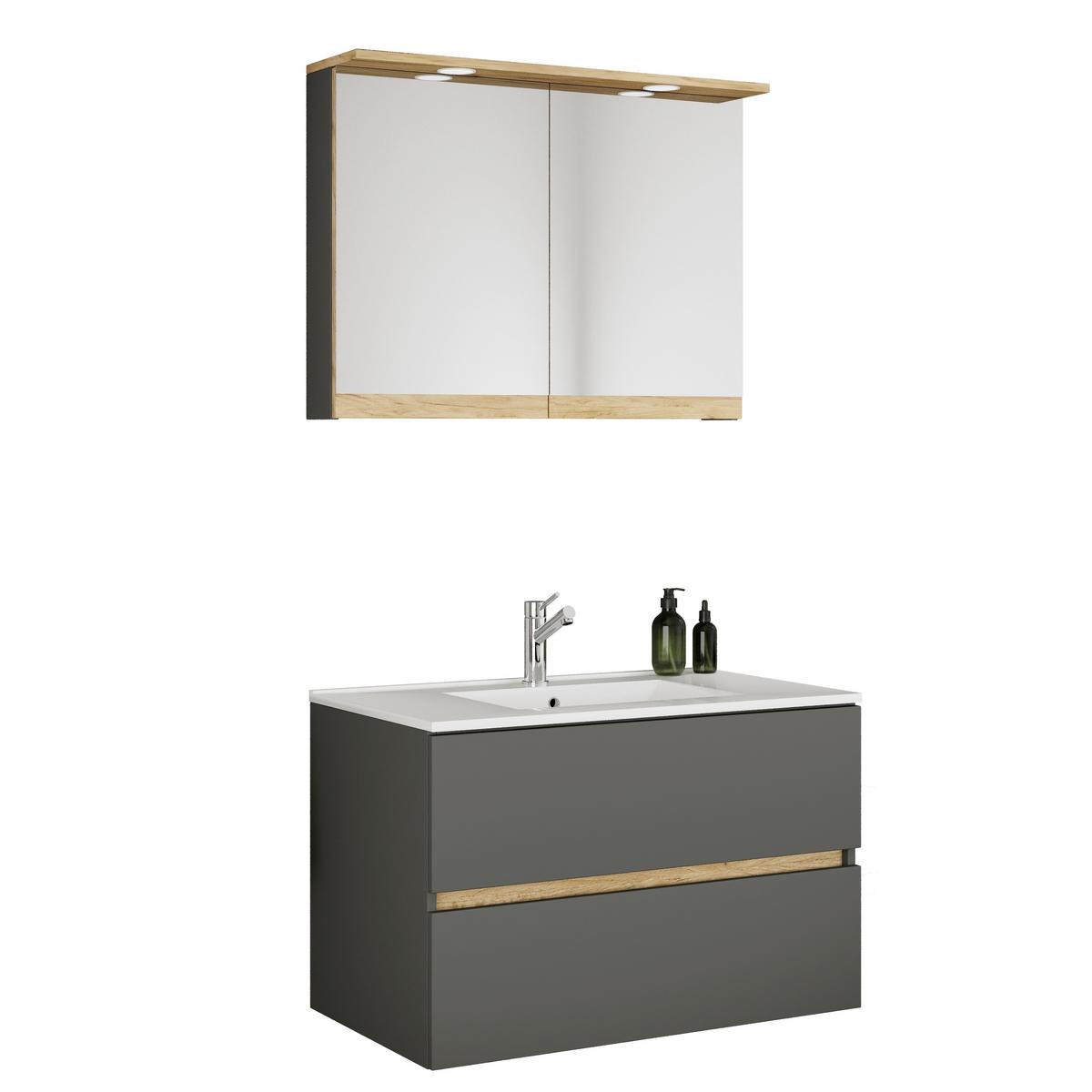 Fürdőszobabútor Cosila - méztölgy színű/antracit, Trend, faalapú anyag/kerámia (110cm) - MID.YOU
