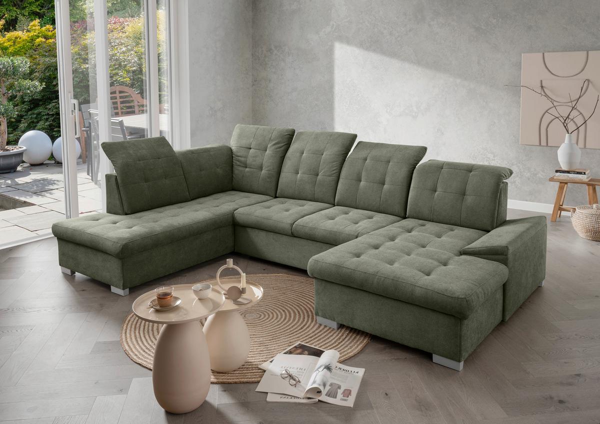 Wohnlandschaft Zira Dunkelgrün U: 212x330x169cm - Chromfarben/Dunkelgrün, MODERN, Textil (212/330/169cm) - Livetastic