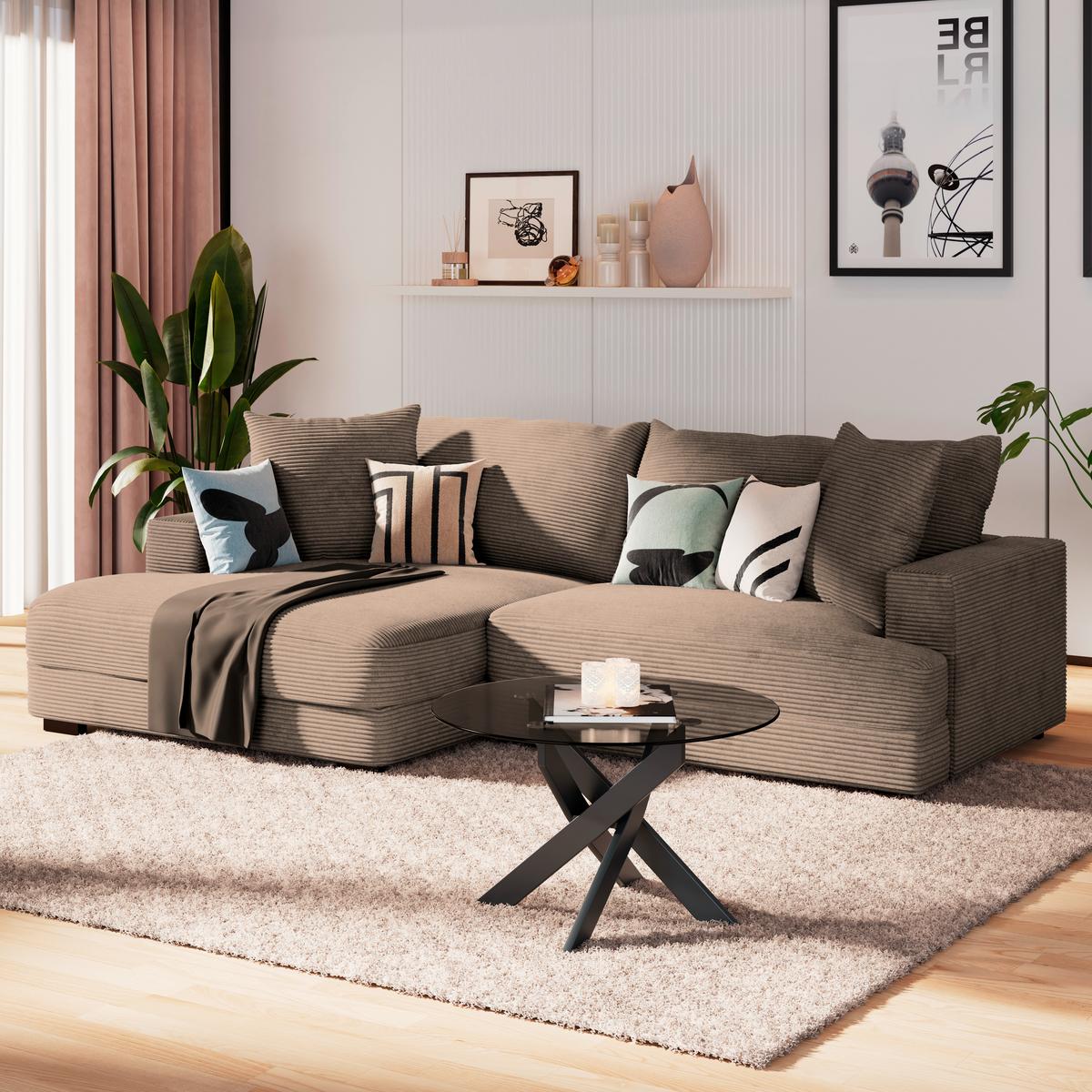 Ecksofa Pelle m. Kissen beigebraun Cord 180x265cm - Beigebraun/Schwarz, MODERN, Textil (180/265cm)