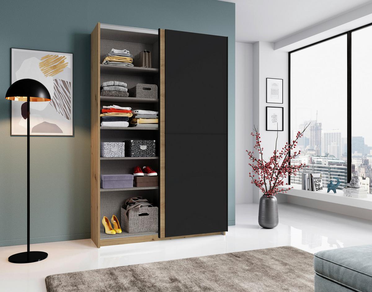 Schwebetürenschrank 125 cm Starter, Eiche Dekor/ Schwarz - Eichefarben/Schwarz, Basics, Holzwerkstoff (125/195,5/38cm) - P & B