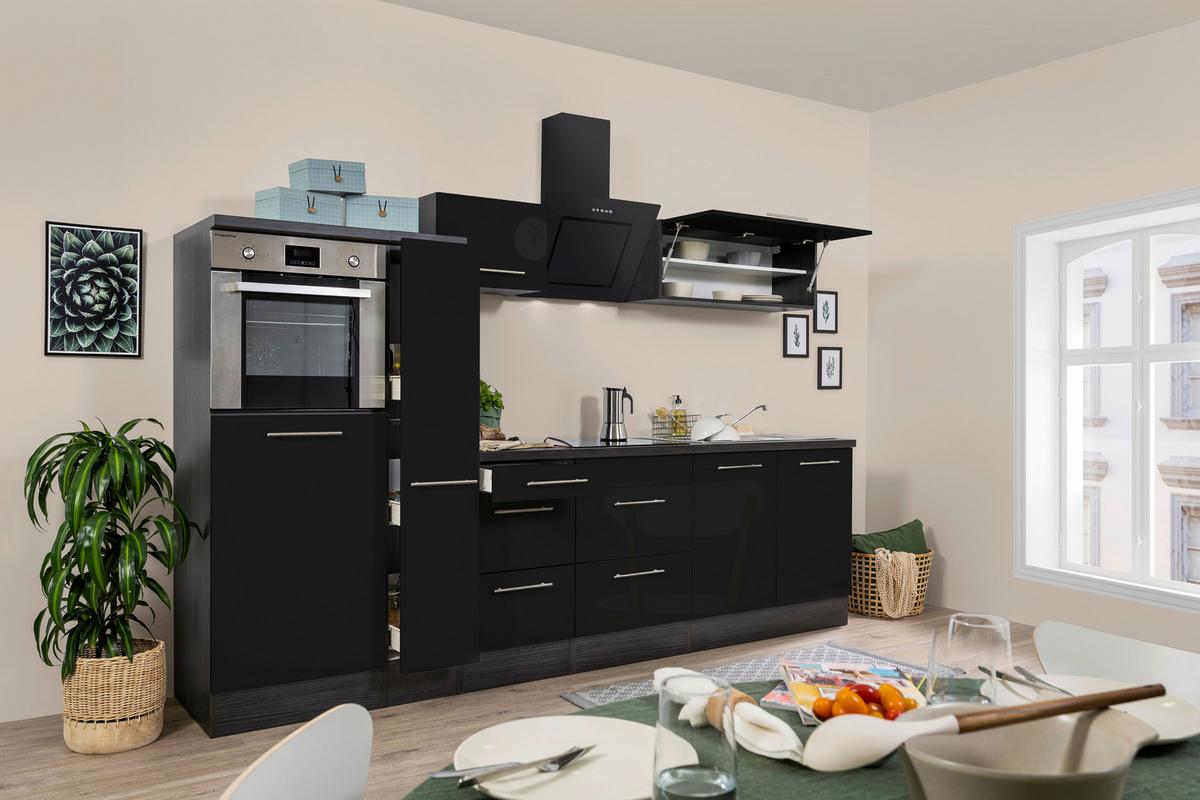 Küchenzeile mit Geräten 300 cm Schwarz Hochglanz/Eiche Grau - Eichefarben/Schwarz, Basics, Holzwerkstoff (300cm) - Respekta