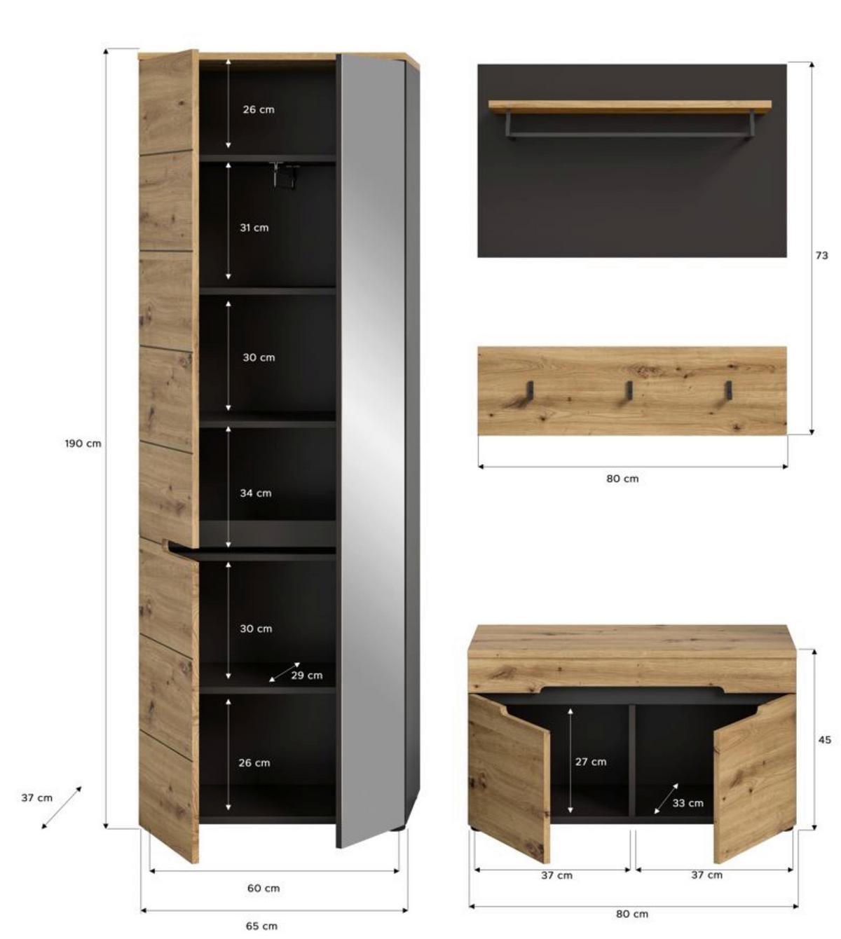 Garderobe Canu Eiche Artisan B: 160 Cm - KONVENTIONELL, Holzwerkstoff (160/190/37cm) - MID.YOU