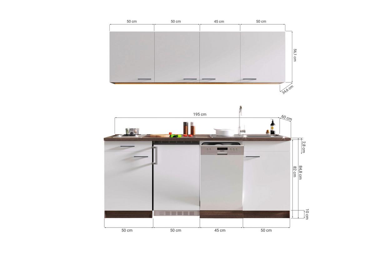 Küchenzeile Economy Mit Geräten 195 Cm Weiß/eiche Dekor Modern - Eichefarben/Weiß, Basics, Holzwerkstoff (195cm) - Respekta