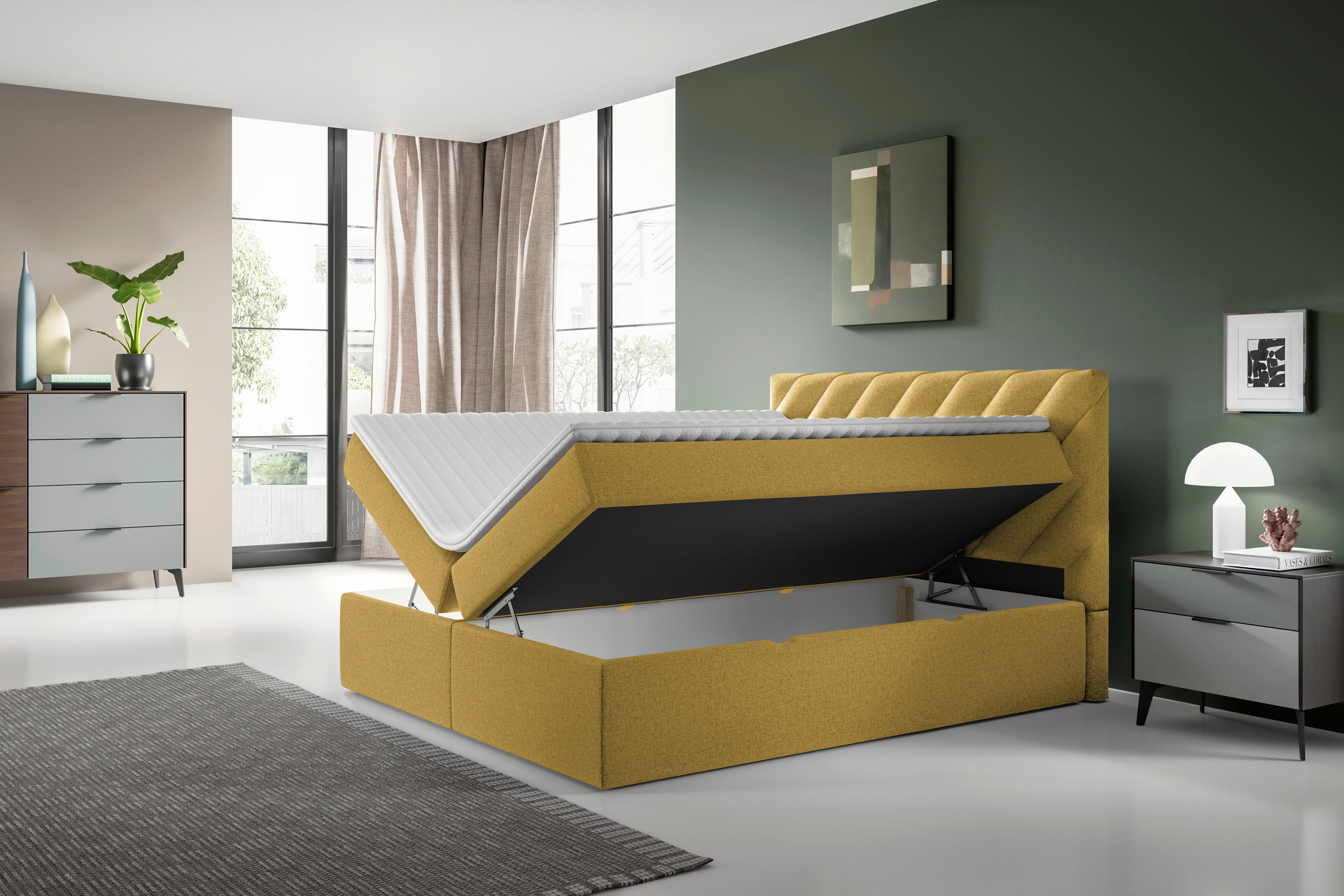 Boxspringbett mit Topper Senfgelb 160x200 cm Gusto - Gelb/Schwarz, MODERN, Textil (160/200cm) - MID.YOU