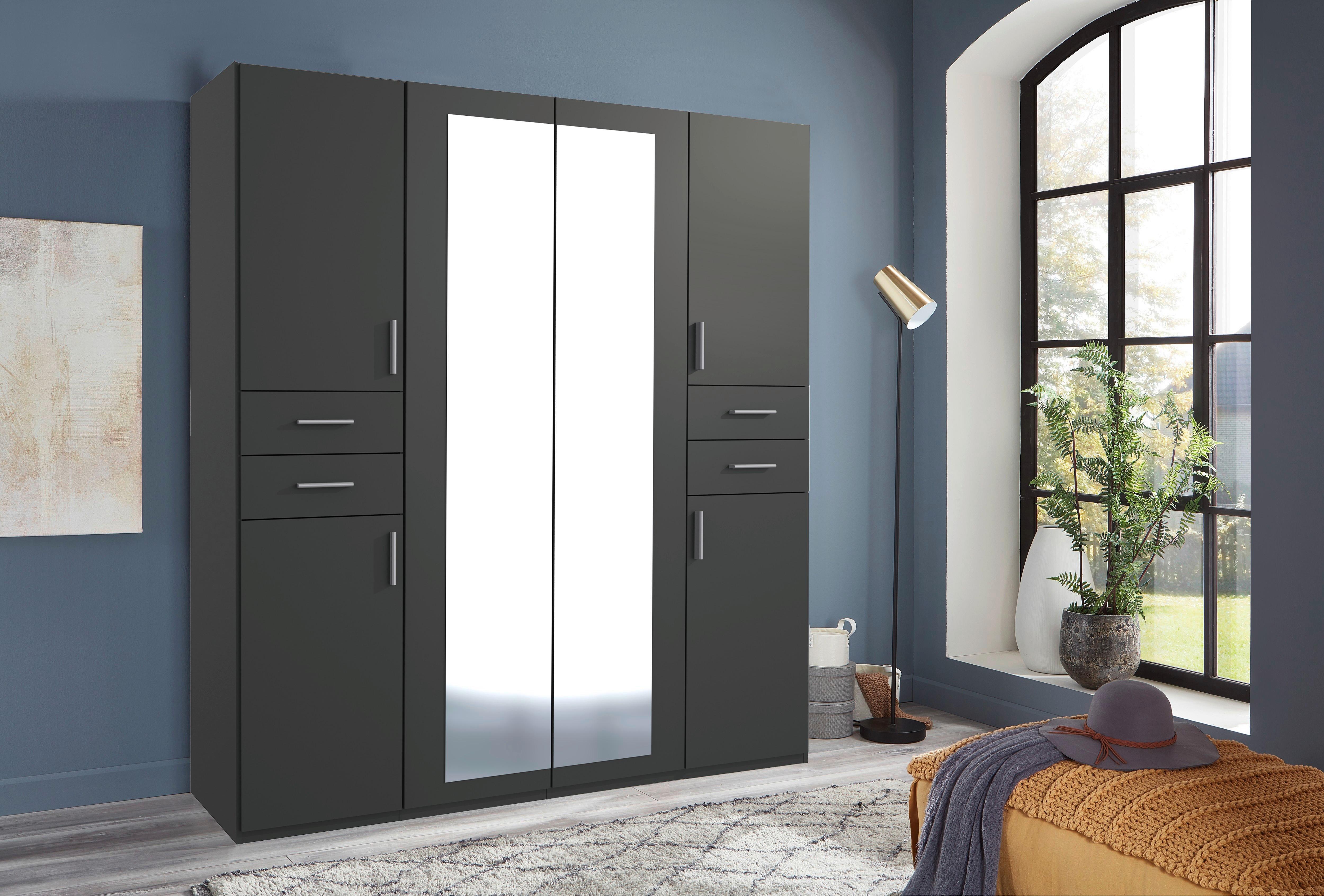 Drehtürenschrank Mit Spiegel + Laden B: 180 cm Vegas, Graphit - Graphitfarben, Basics, Holzwerkstoff (180/208/58cm) - MID.YOU