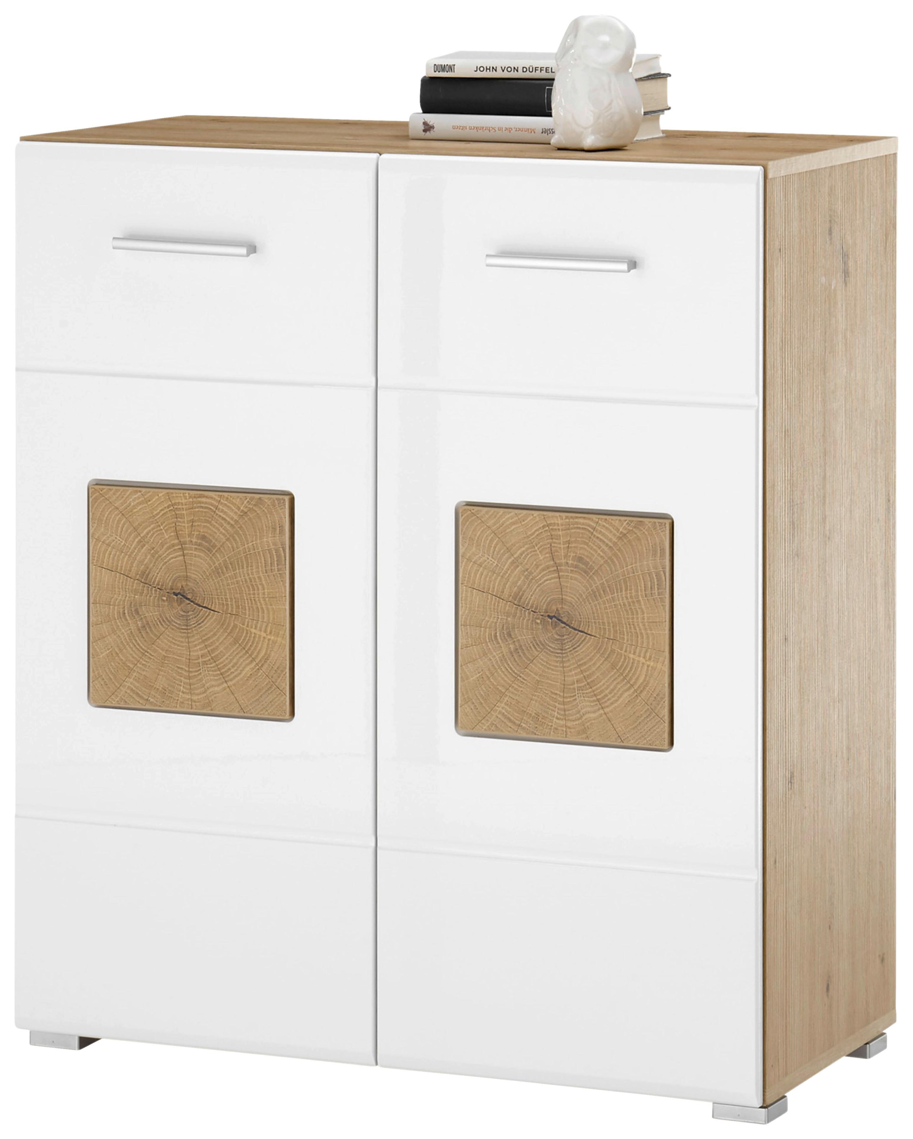 Kommode B: 80 cm Georgia Weiß/Eiche Dekor - Weiß Hochglanz/Silberfarben, MODERN, Holzwerkstoff (80/92/38cm)