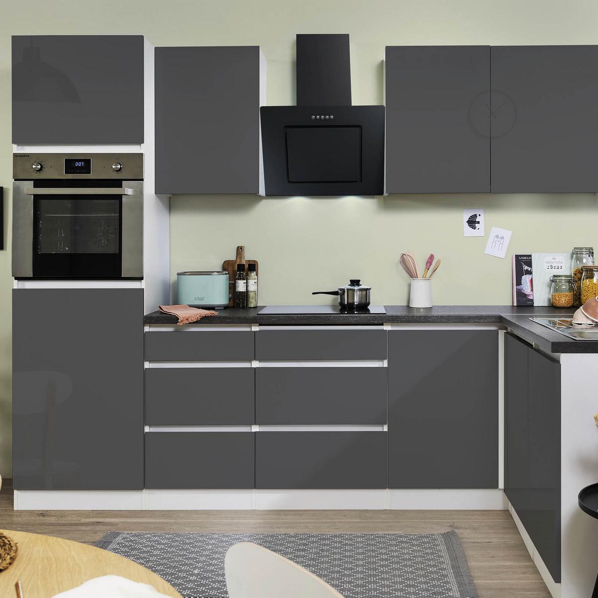 Küchenzeile Premium M. Geräten 280 Cm Weiß/grau Modern - Grau Hochglanz/Weiß, MODERN, Holzwerkstoff (280/172cm) - Respekta