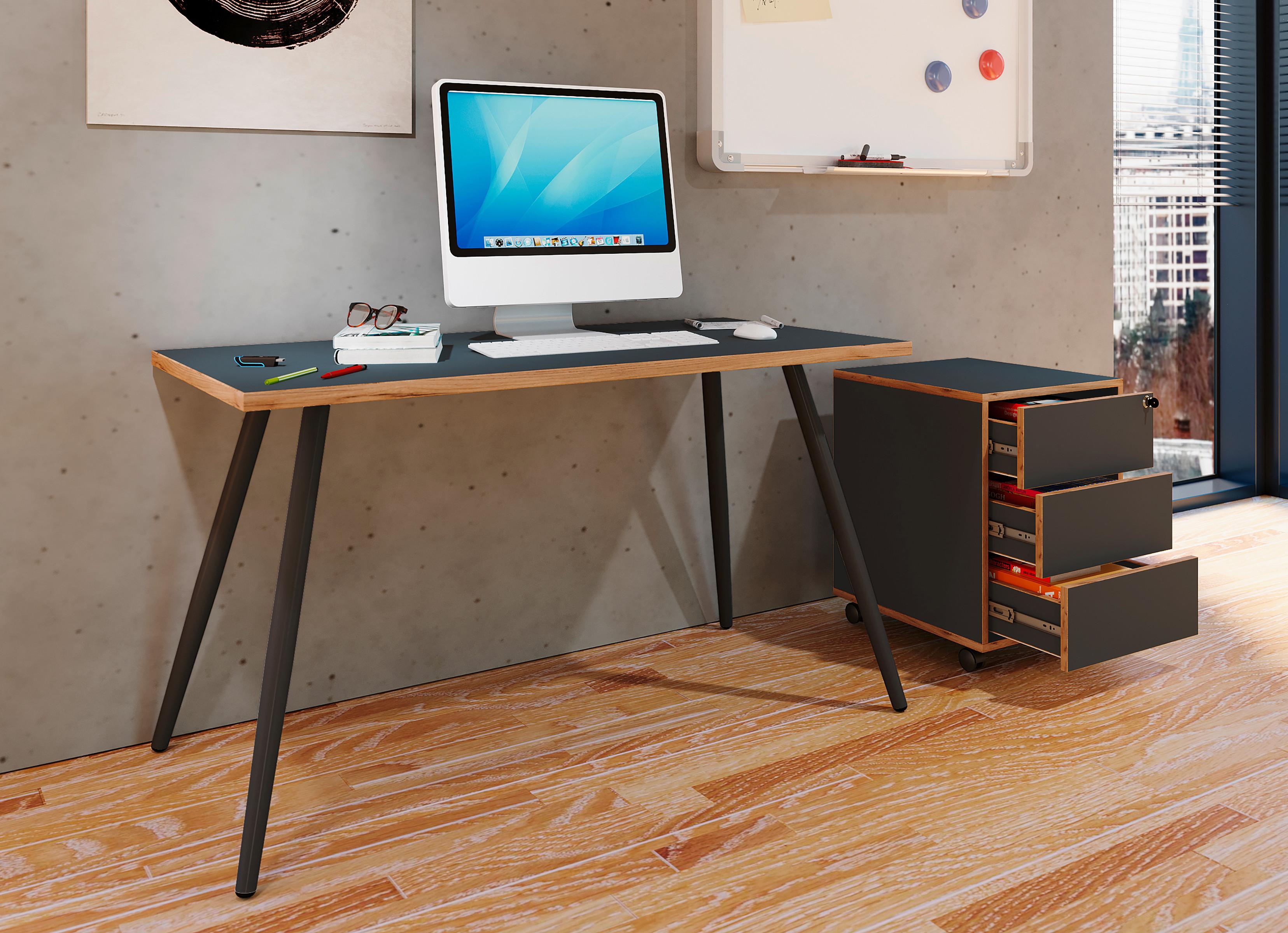 Schreibtisch Salia Anthrazit/Eiche Dekor L: 138cm - Honigeiche/Anthrazit, Design, Holzwerkstoff/Metall (138/80/70cm) - MID.YOU