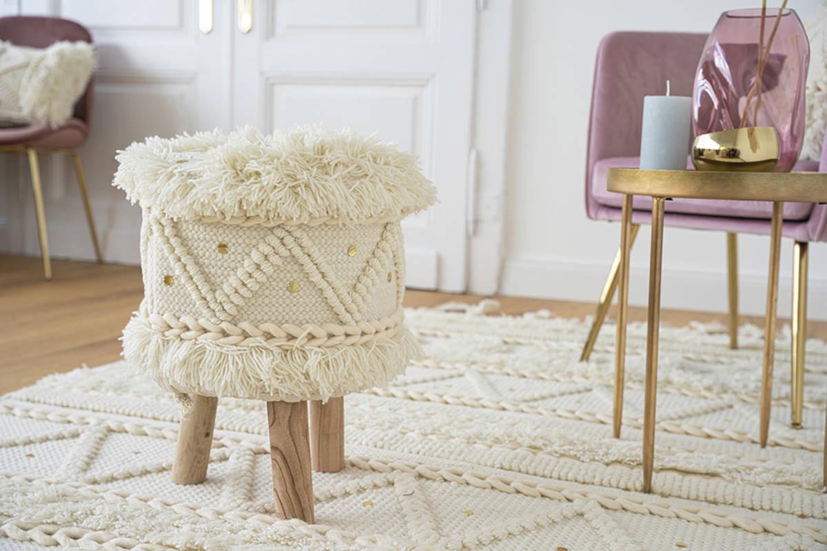 Hocker Bohist Makramee/ Echtholz Creme H: 50 cm - Creme, Trend, Holz/Textil (38/50/38cm) - Kayoom