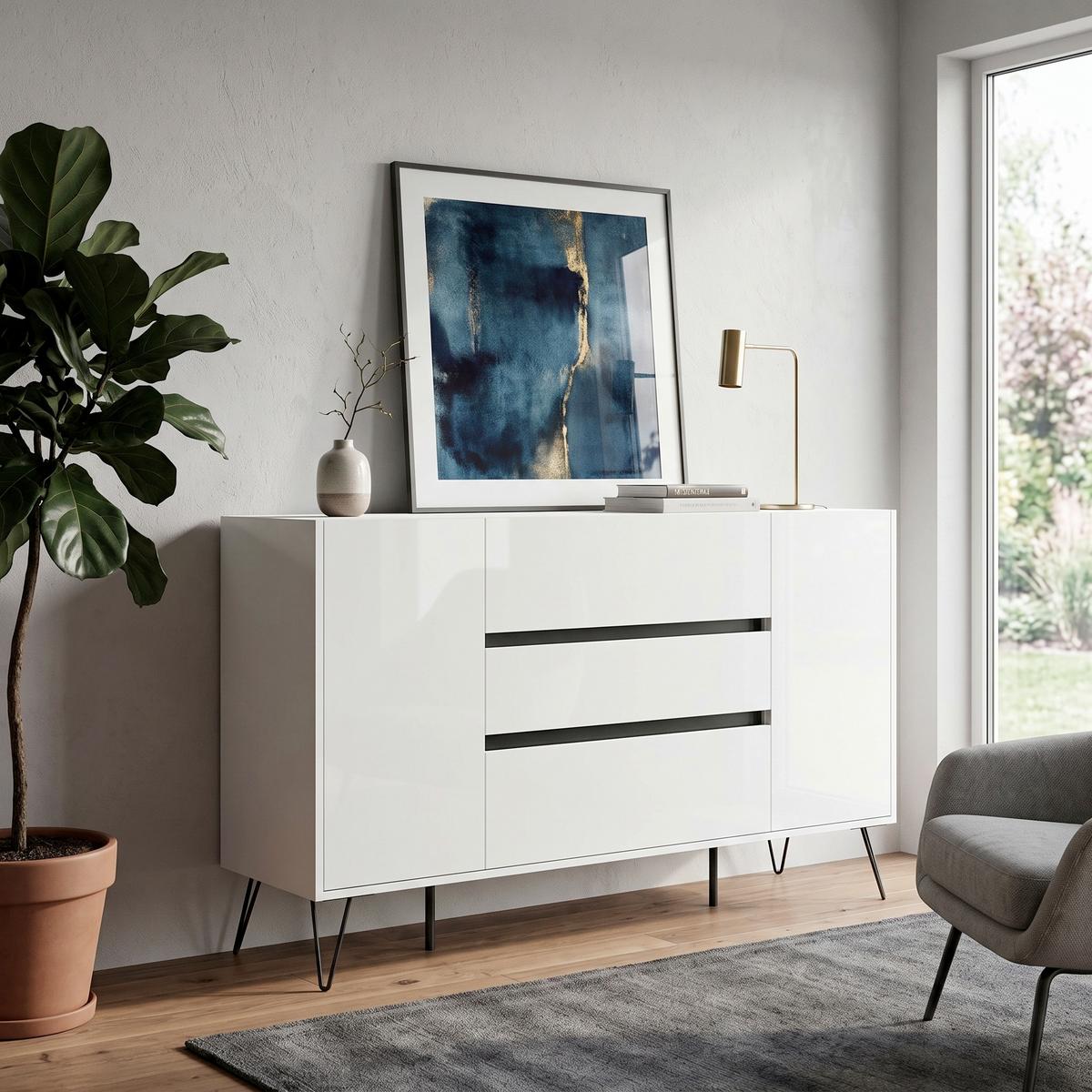 Sideboard Posseik Industrial Weiß B: 155 cm - Weiß Hochglanz/Schwarz, Design, Holzwerkstoff (155/93,6/42cm) - MID.YOU