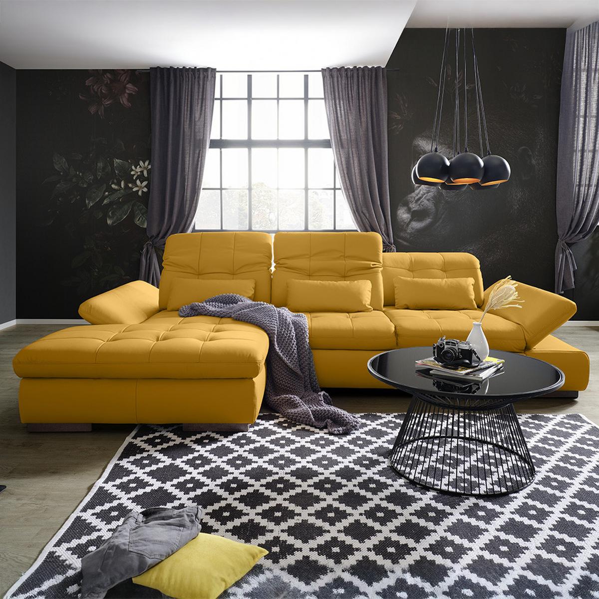 Rohová sedačka SANFINO, ľavá, žltá pravá koža - žltá/chrómová, Konventionell, kov/koža (199/79-96/305cm) - Premium Living