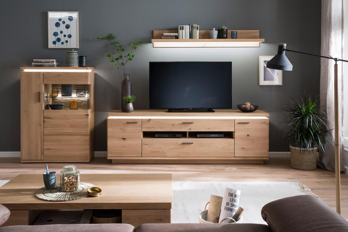 Highboard teilmassiv B: 90 cm Barcelona Eichefarben - Eichefarben, Design, Glas/Holz (90/128/37cm) - Livetastic