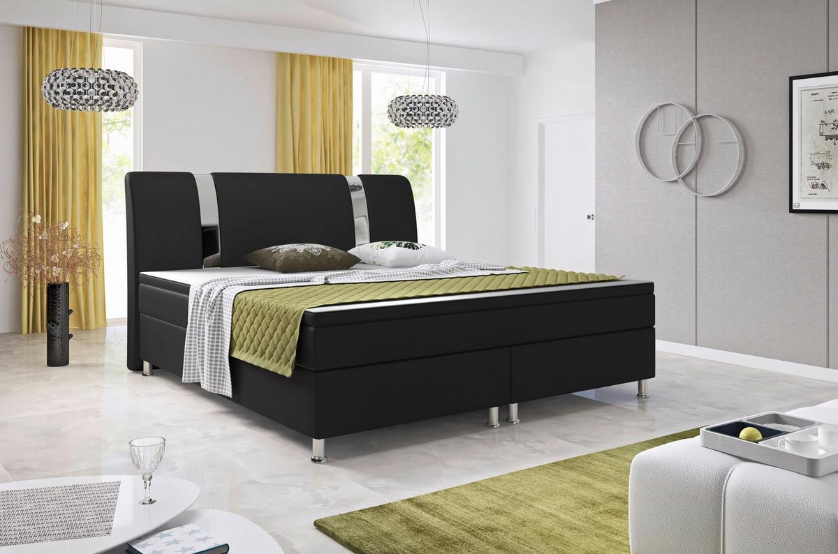 Boxspringbett Mit Topper Lederlook 180x200 Riva-F - Silberfarben/Schwarz, KONVENTIONELL, Leder/Textil (180/115/210cm) - MID.YOU