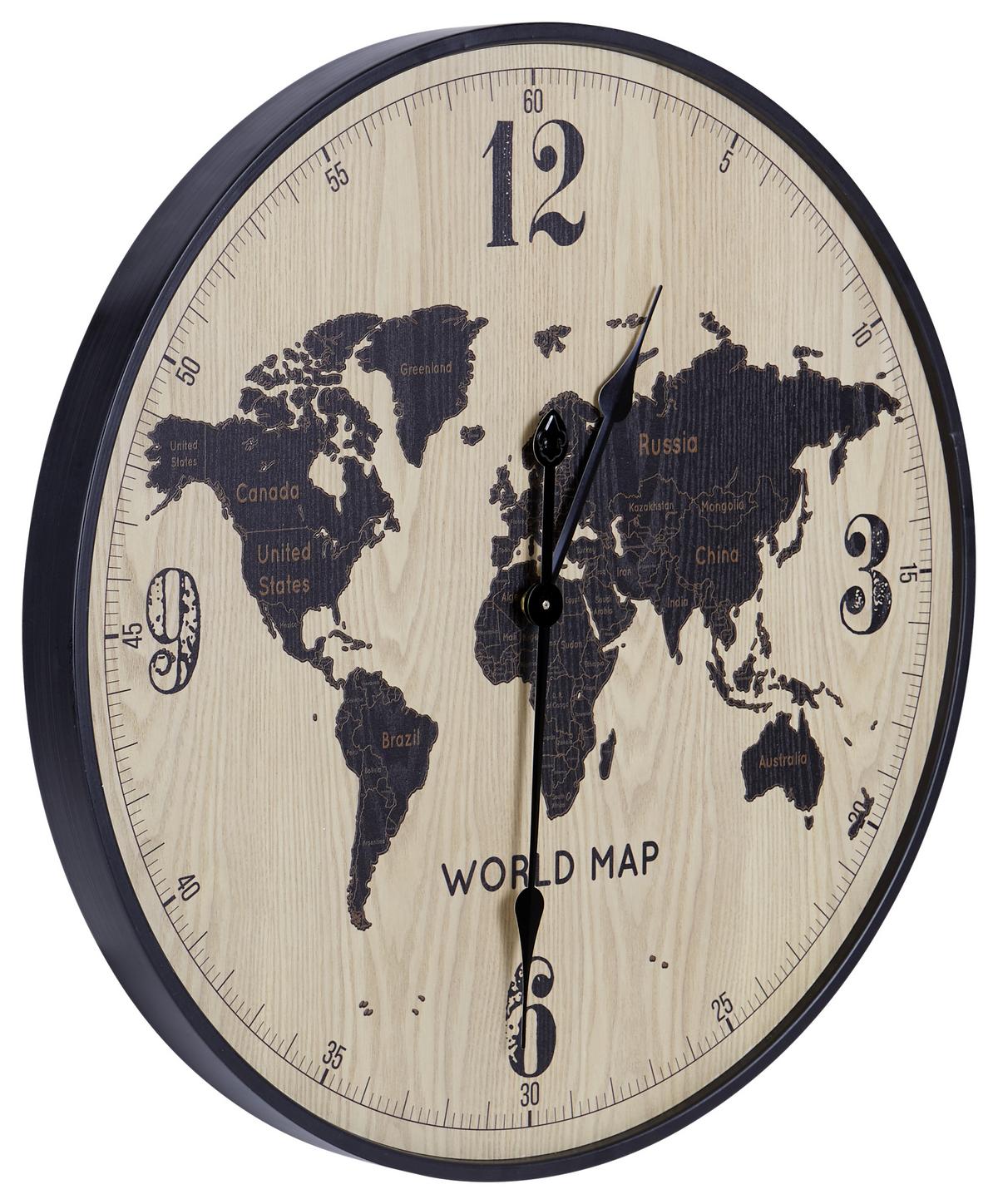 Wanduhr Aras Ø 60 Cm Analog Natur/schwarz Eisen Weltkarte - Schwarz, Basics, Holzwerkstoff/Metall (60cm) - Luca Bessoni