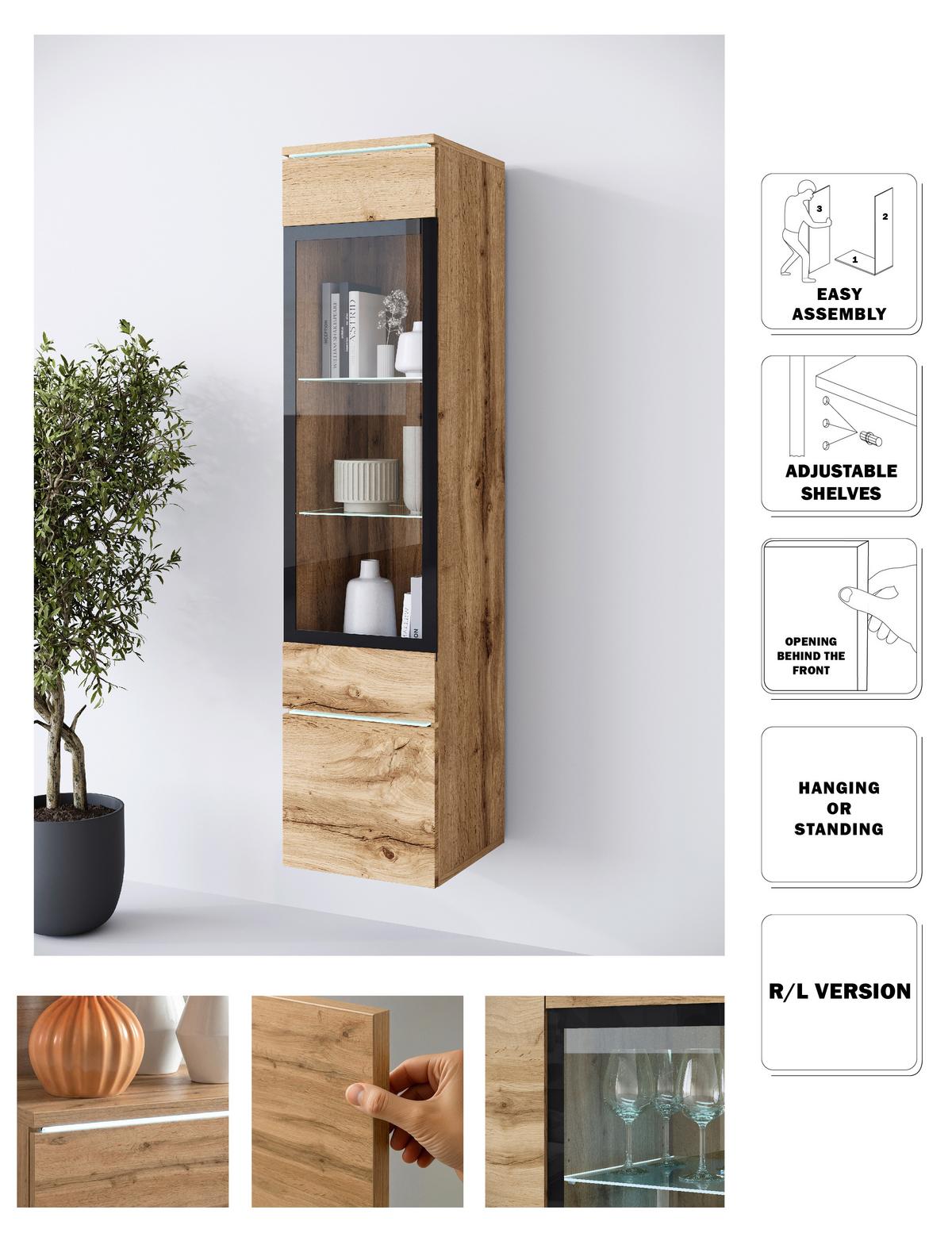 Vitrine Vera Eiche Wotan Dekor B: 30cm - Eiche Wotan/Grau, Design, Glas/Holzwerkstoff (30/130/33cm) - Livetastic