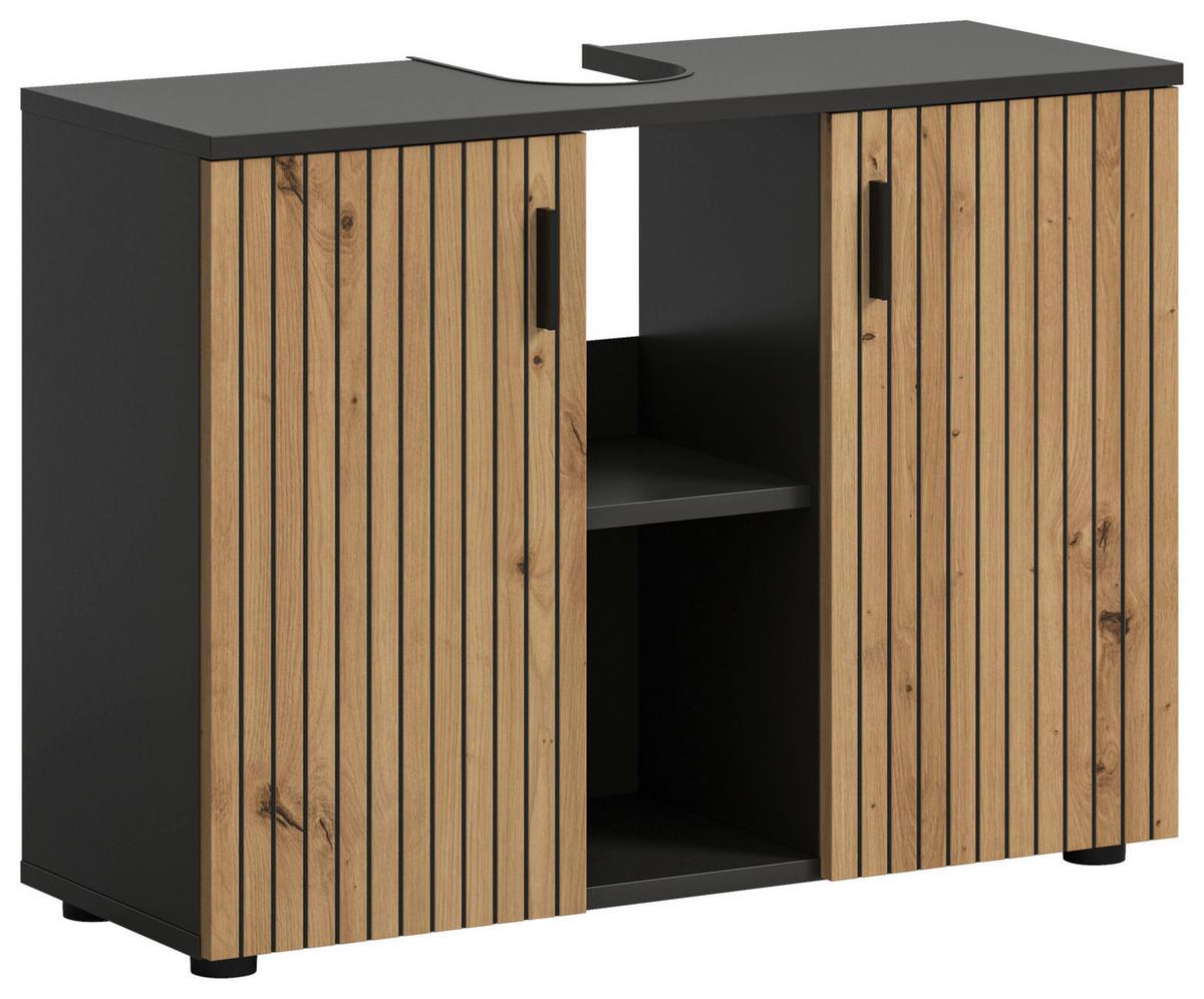 Waschbeckenunterschrank Mone Eiche Dekor B: 80cm - Schwarz/Eiche Artisan, Basics, Holzwerkstoff (80/59/30cm) - MID.YOU
