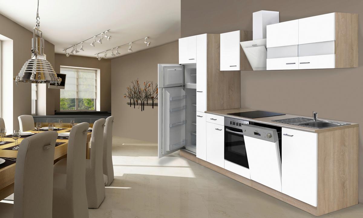 Küchenzeile Economy mit Geräten 310 cm Weiß/Eiche Dekor Modern - Eichefarben/Weiß, Basics, Holzwerkstoff (310cm) - Respekta