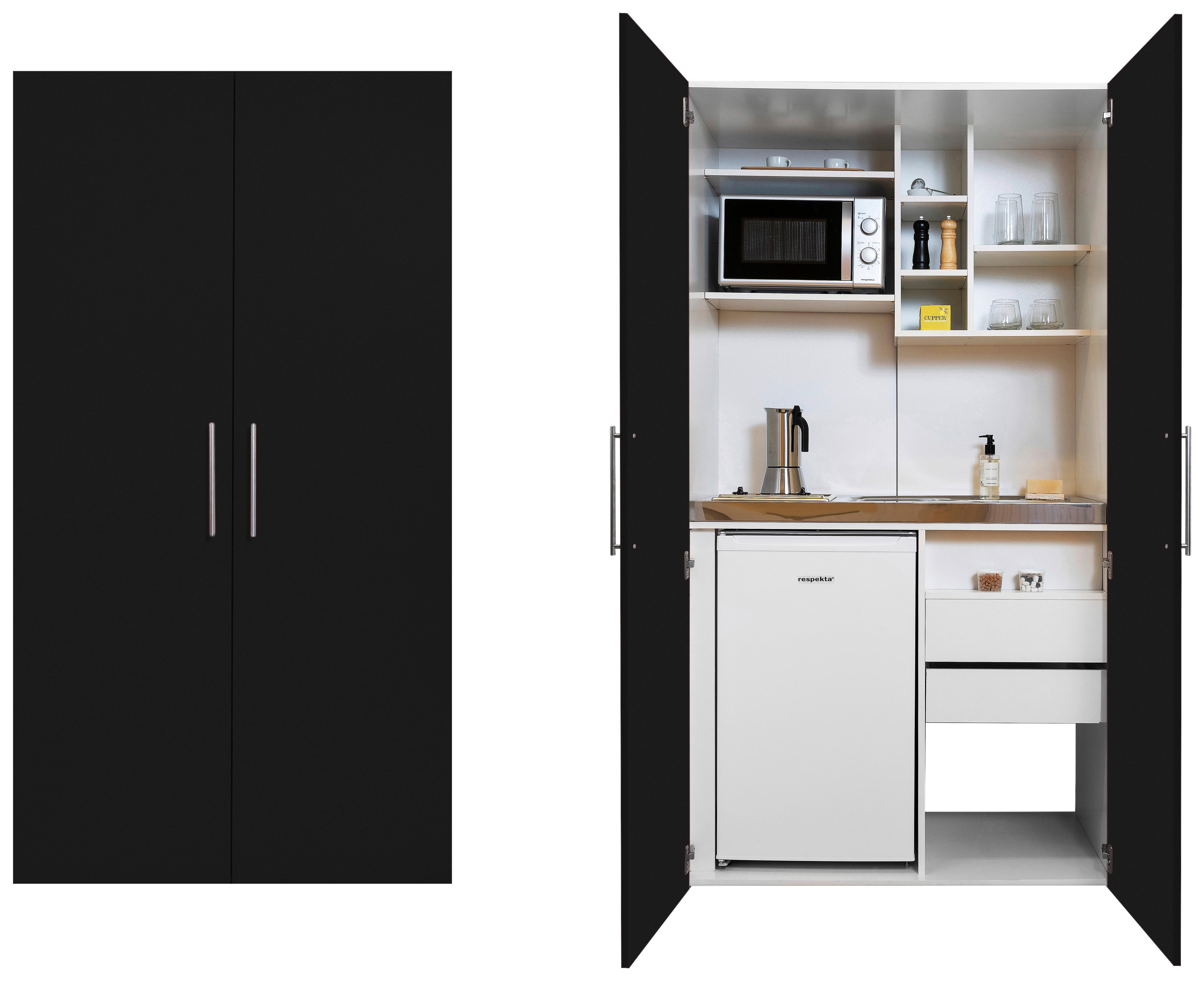 Schrankküche mit Mikrowelle + Kühlschrank 104cm Weiß/Schwarz - Schwarz/Weiß, MODERN, Holzwerkstoff/Metall (104/193/67cm) - Respekta