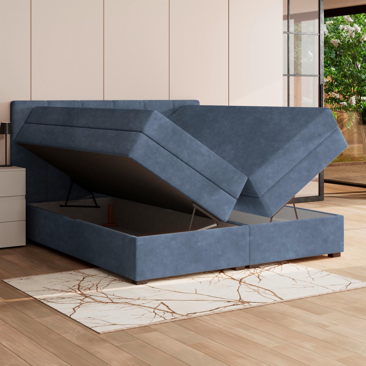 Boxspringbett mit Topper & Bettkasten 200x200 Lauro - Blau/Schwarz, Trend, Textil (200/200cm)