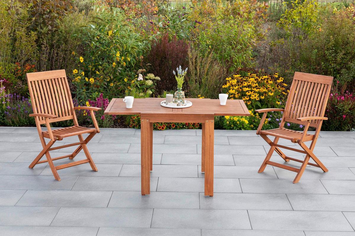 Gartentischgruppe Comodoro 3 -Teilig. Naturfarben - Eukalyptusholzfarben, KONVENTIONELL, Holz - Gardenson