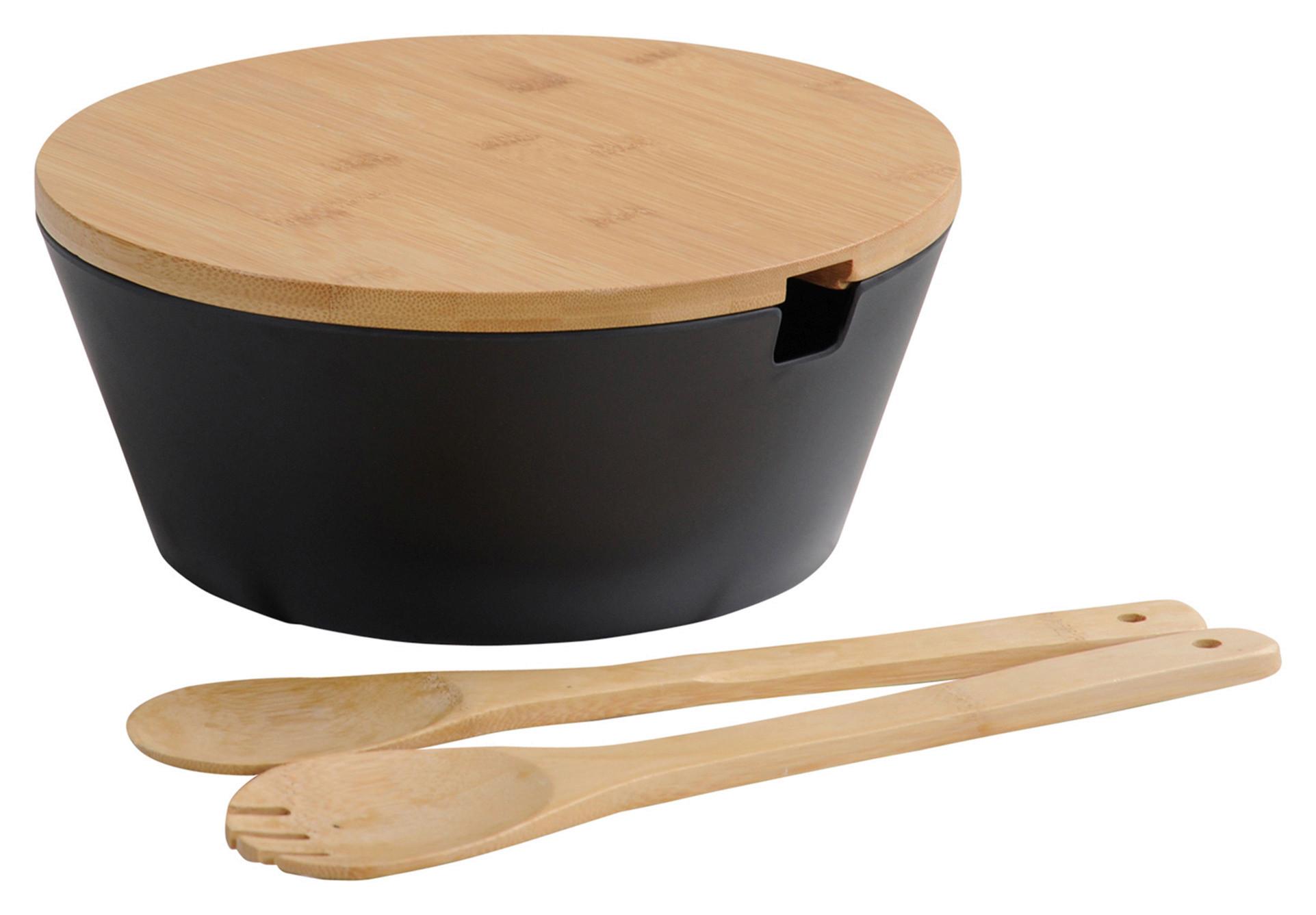 Salatschüssel Kunststoff/Holz Schwarz/Bambus 4--Teilig.