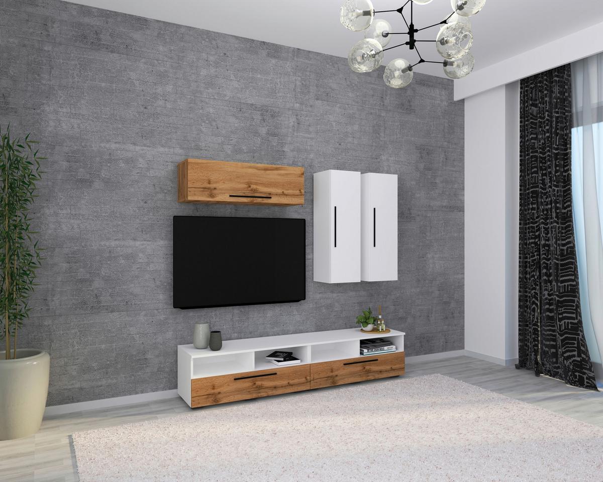 Wohnwand Arila 5-Teilig Eichefarben/Weiß B: 190 cm - Eichefarben/Schwarz, MODERN, Holzwerkstoff (190/200/40cm) - MID.YOU