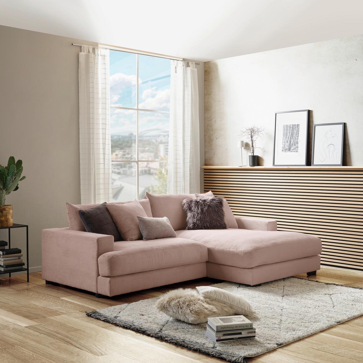 Rohová sedačka PELLE, pravá, růžový manšestr - růžová/černá, Moderní, textil (265/180cm)
