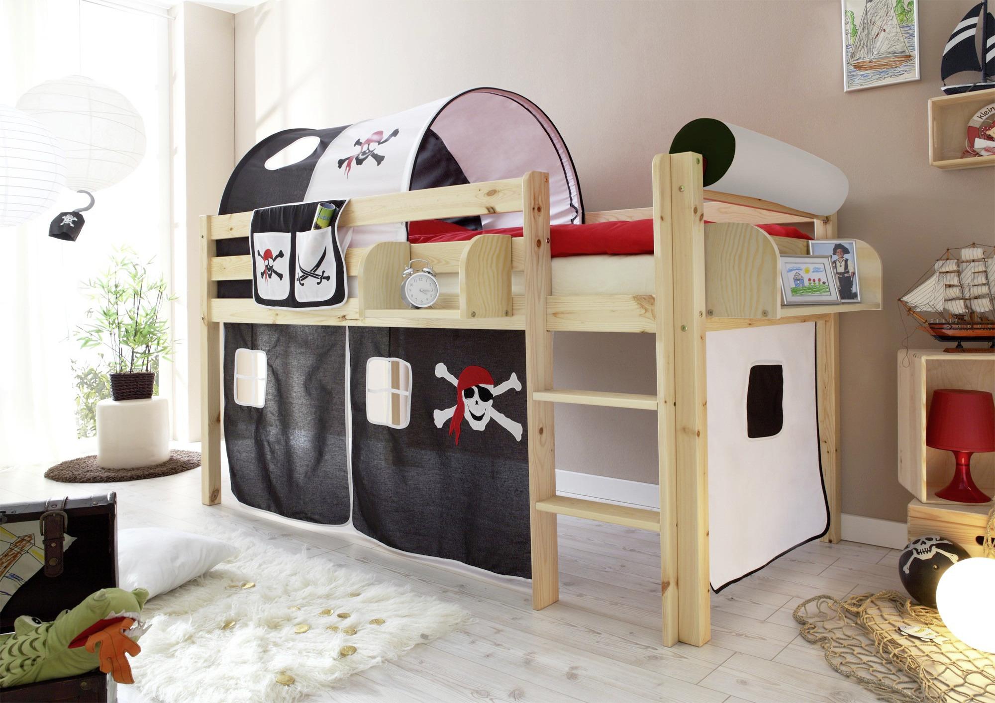 Spielbett Malte Schwarz/Weiß Kiefer Massiv 90 cm Leiter - Schwarz/Weiß, Natur, Holz (90/200cm) - MID.YOU