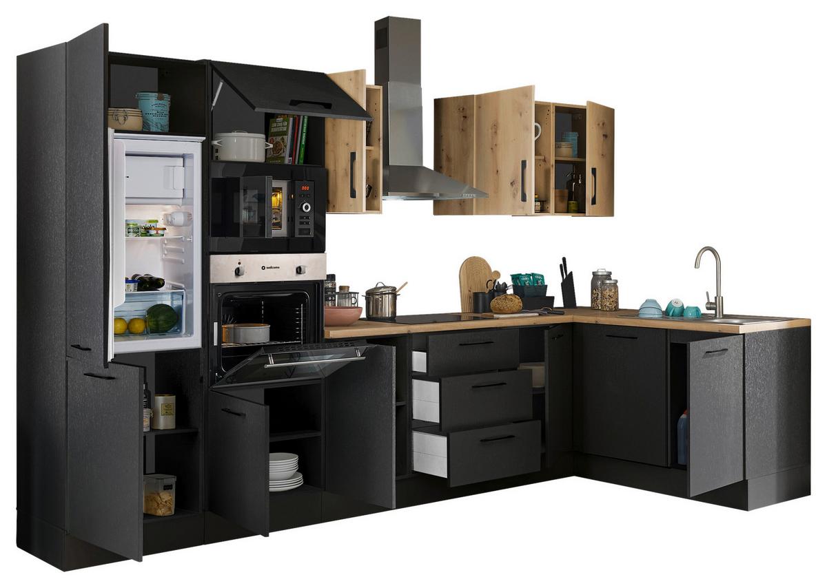 Eckküche Turin Schwarz/Eiche Dekor 340x175 cm - Schwarz/Eiche Artisan, Basics, Holzwerkstoff (340/175cm) - MID.YOU