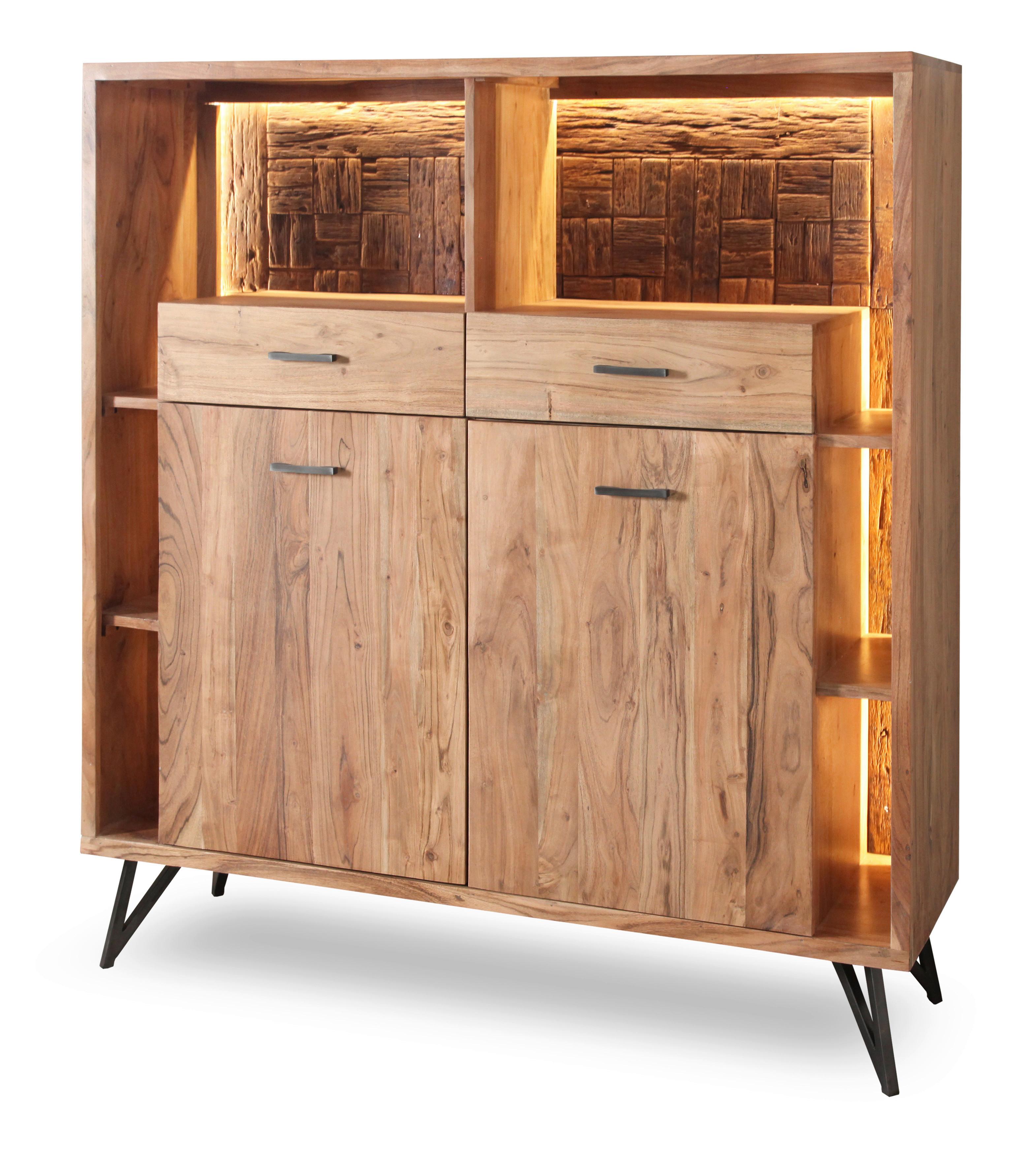 Highboard Indira Akazie Massiv, B: 145 cm - Schwarz/Akaziefarben, ROMANTIK / LANDHAUS, Holz/Metall (145/150/40cm)