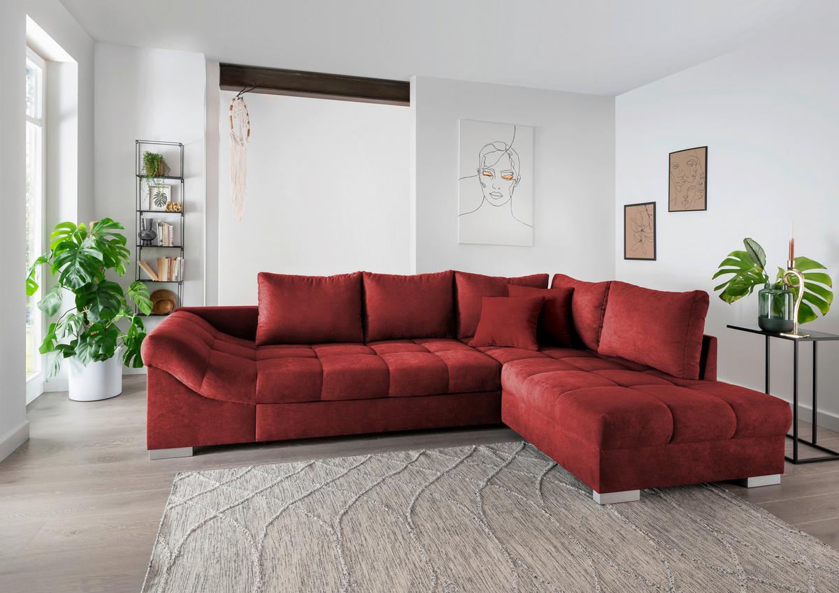 Eckschlafsofa Alvito Rot S: 298/202 Cm - Rot/Silberfarben, Design, Textil (298/202cm) - MID.YOU