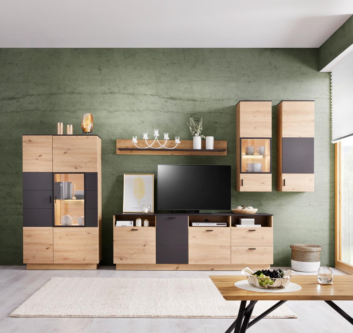 Vitrine Tonale B: 93,5 Cm, Eiche Dekor/grau - Eichefarben/Schwarz, MODERN, Glas/Holzwerkstoff (93,5/163,5/40cm)