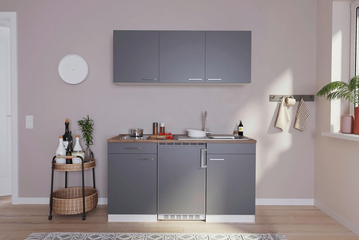 Miniküche Economy M. Geräten 150 Cm Grau/ Nussbaum Dekor - Nussbaumfarben/Weiß, Basics, Holzwerkstoff (150/200/60cm) - Respekta