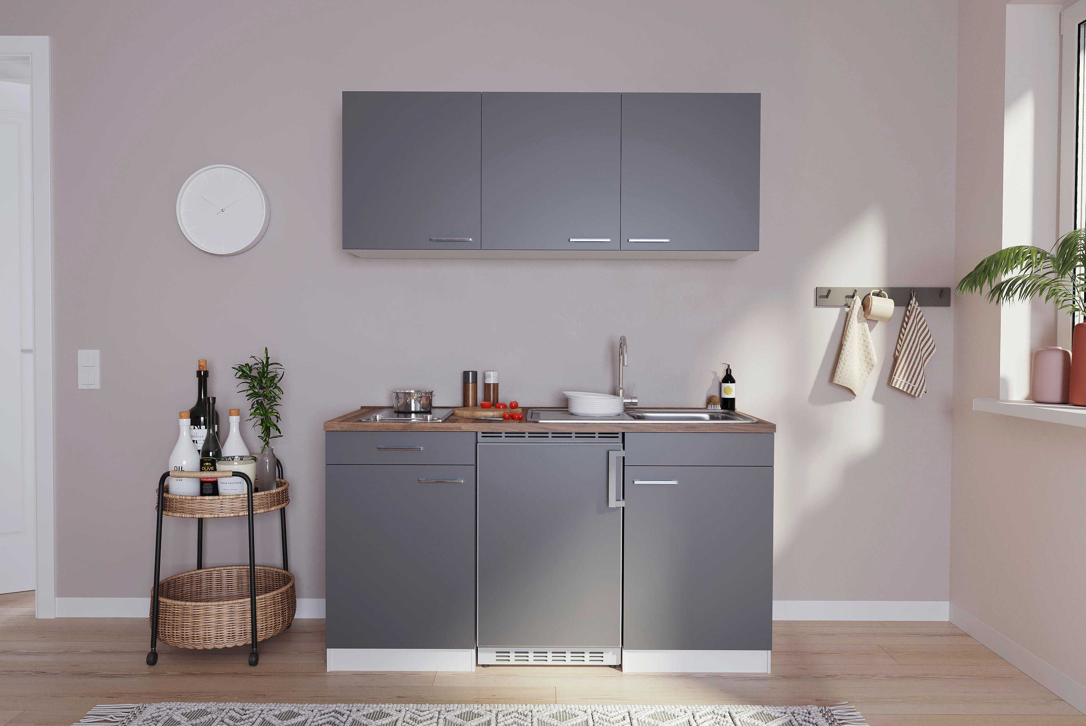 Miniküche Economy mit Geräten 150 cm Grau/ Nussbaum Dekor