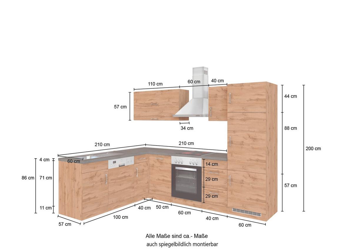 Eckküche Winkelblock Mit Geräten 270x210 cm Anthrazit - Anthrazit/Eiche Wotan, MODERN, Holzwerkstoff (210/270cm) - Held