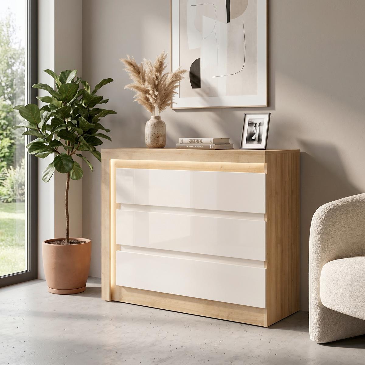 Kommode Lyon Hell Weiß/Eichefarben B: 107,5 cm - Weiß Hochglanz/Eichefarben, Trend, Holzwerkstoff (107,5/89,1/42cm)