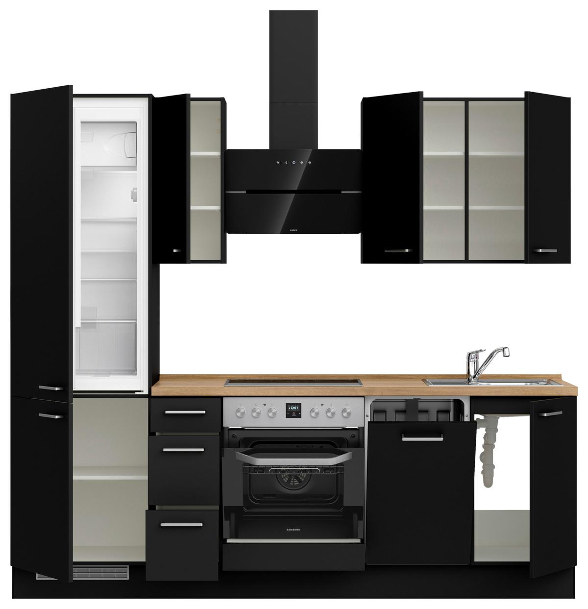 Kuchyňská linka 240 cm, černá matná/ barva dub - černá/barvy dubu, Moderní, kov/kompozitní dřevo (240cm) - Nobilia