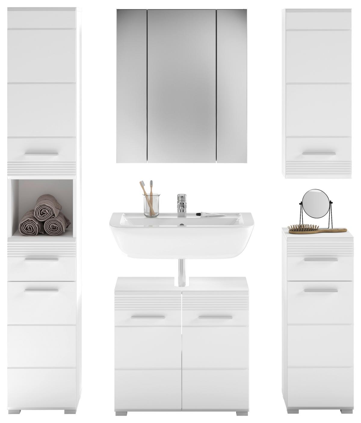 Badezimmer Linus Weiß Hochglanz B: 120 cm - Weiß Hochglanz/Silberfarben, MODERN, Glas/Holzwerkstoff (120cm) - MID.YOU